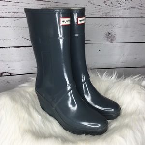 Hunter Kellan Gray Rubber Wedge Heels Rain Boots